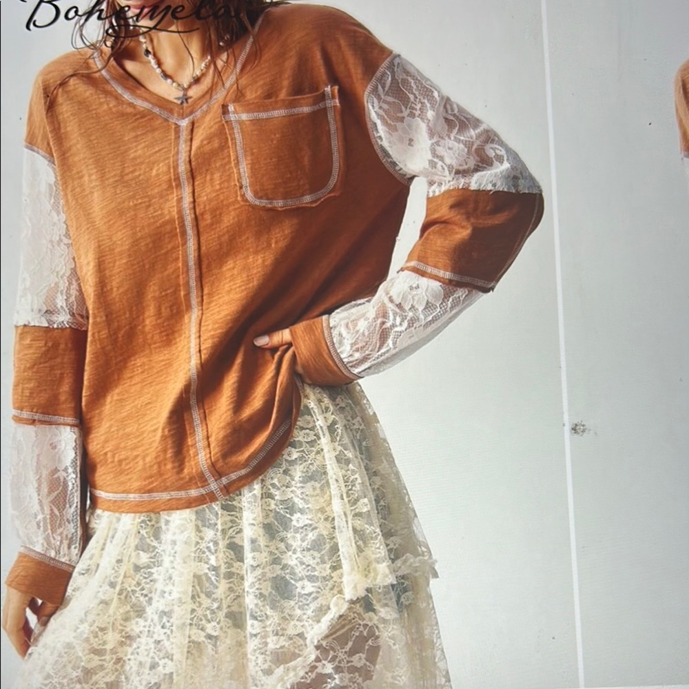 Women's Lace Sleeve Top - Brown
